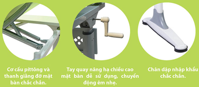 Bộ phận chuyển đổi tăng giảm chiều cao và thay đổi độ nghiêng mặt bàn dễ dàng sử dụng