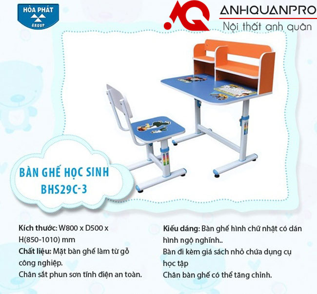 Bàn học sinh có giá sách tăng giảm chiều cao dễ dàng BHS29C-3