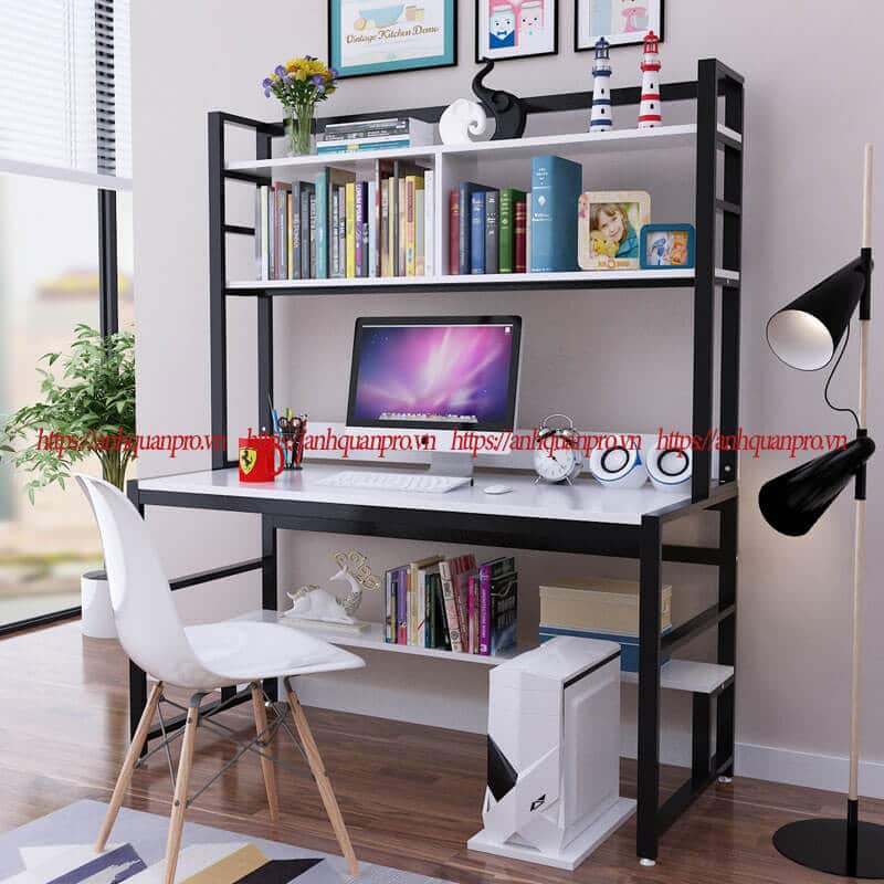 Bàn có 2 tầng giá sách phía trên và 1 tầng giá sách,để đồ phía dưới mặt bàn