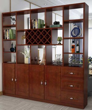 Tủ gỗ trang trí TGC16 9 Tủ gỗ trang trí 4 cánh mở và 3 ngăn kéo có kệ để rượu TGC16 màu nâu