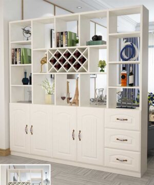 Tủ gỗ trang trí TGC16 8 Tủ gỗ trang trí 4 cánh mở và 3 ngăn kéo có kệ để rượu TGC16 màu trắng