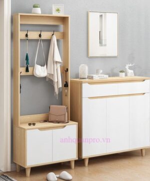 Tủ đựng giày đơn giản và hiện đại có giá treo đồ TG20 11 Tủ đựng giày có giá treo đồ TG20 màu gỗ vàng cánh trắng